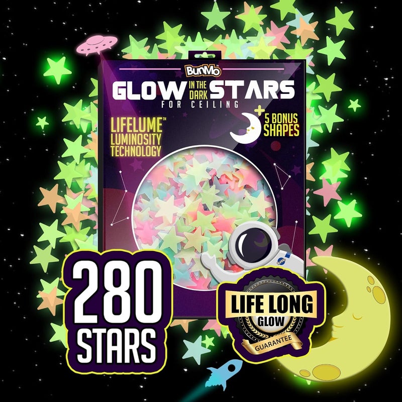 BUNMO Glow in The Dark Stars for Ceiling & Walls – 280 Piece Bright Wall Stickers, Long Lasting Non-Toxic Decals with Moons & Planets for Kids Bedroom, Nursery & Room Decor - Image 1